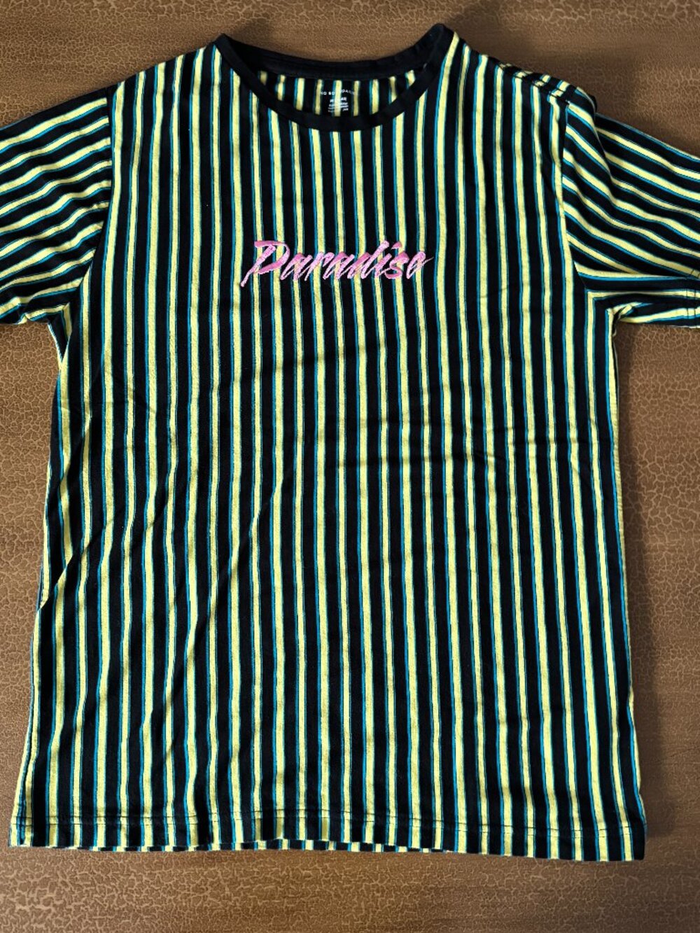 No Boundaries Black Striped Tee with Pink "Paradise" Script